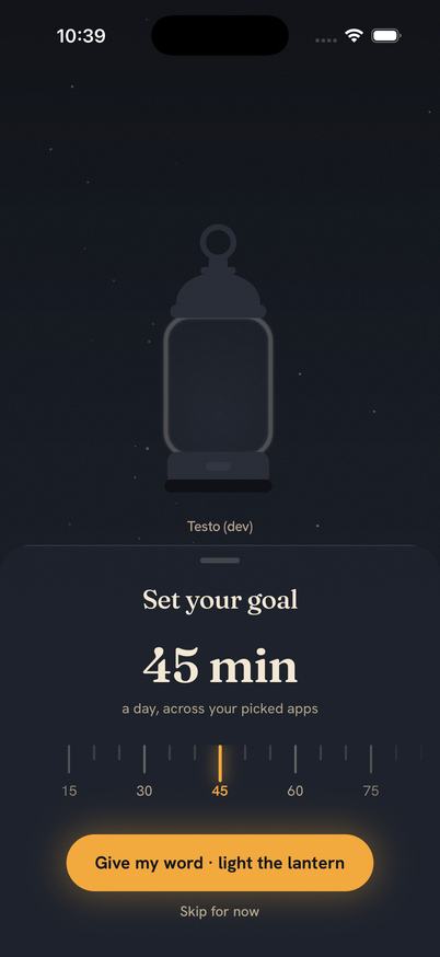 The Lanteon goal screen: set your goal, 45 min a day, across your picked apps.